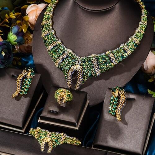 Missvikki 4PCS Luxury Gorgeous Green Necklace Bracelet Earring Ring Jewelry Set Dubai Bridal Engagement Wedding Women Jewellery