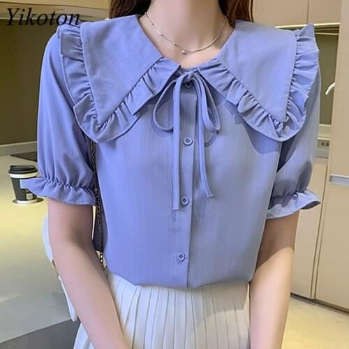 Fashion Office Blouse For Women Summer 2021 New Casual Doll Collar Short Sleeve Ruffled Chiffon Shirt Female Blouses Cute Blusas