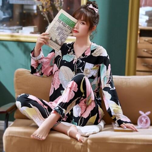 2020 New Autumn Women Sleepwear Faux Silk Pajamas Satin Pajama Set Flower Print Long Sleeves 2 Piece Winter Homewear Night Suit