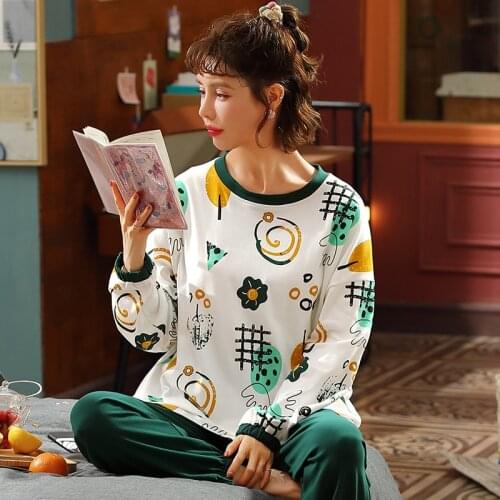 5XL Pajama Set Women Long Sleeve Top Cartoon Long Pants Pajamas Set Soft Sleepwear Female Pyjama Set Spring Autumn Home Wear