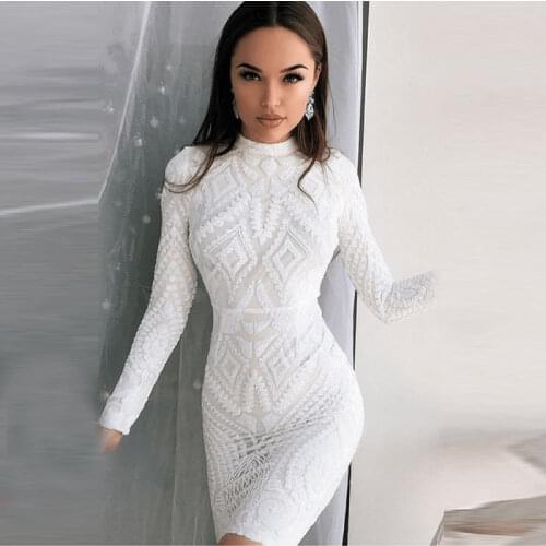 YIDINGZS Long Sleeve Dress White Sequin Evening Dress Elegant Party Dress With Champagne Lining