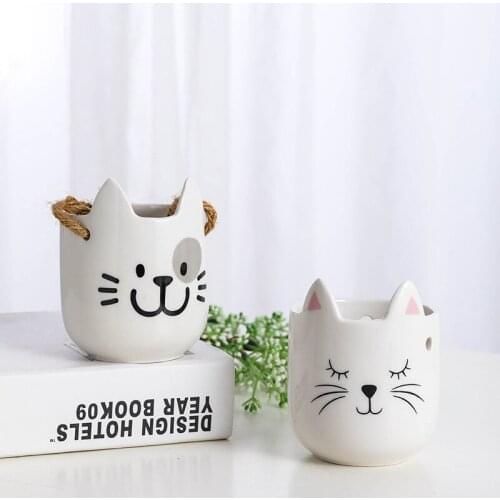 Simple Outdoor Gardening Creative Personality Succulent Plant Flowerpot Cute Cat Ceramic Animal Flowerpot Hanging Pot Lovely