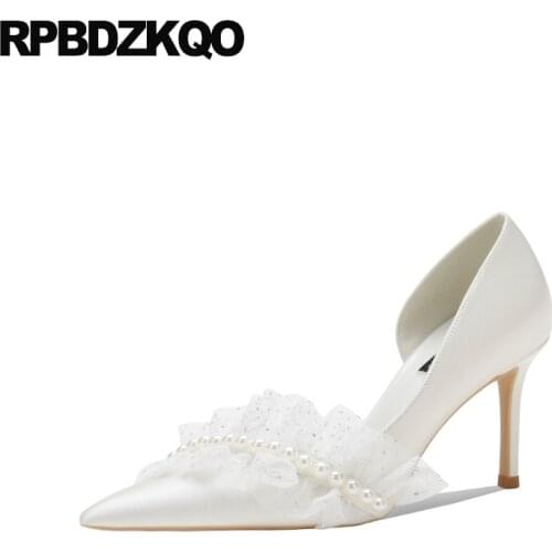 Pointed Toe Ivory Lace Bridal Shoes D'orsay Pearl White Stiletto Satin 8cm Wedding Women High Heels Quality Bridesmaid Pumps