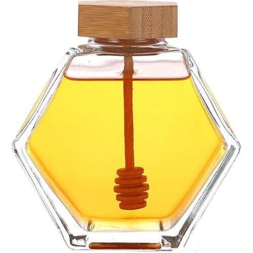 X60 Honey Pot 220ml/8oz Volume 12oz Honey Weight Hexagonal Glass Honey Jar with Wooden Dipper Cork Lid Cover for Home Kitchen
