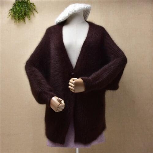 Female women fashion autumn winter clothing mink cashmere knitted long batwing sleeves loose cardigan v-neck jacket coat sweater