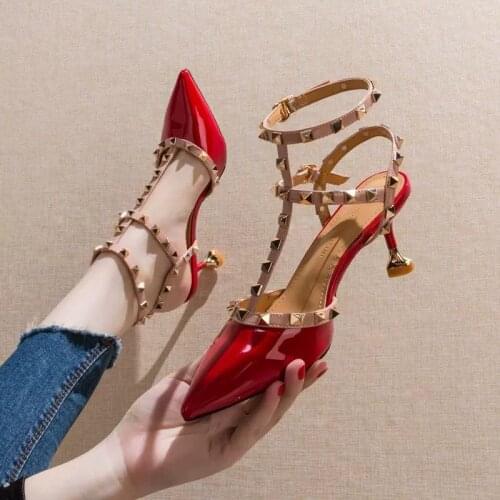 Rivet High Heels Women Stiletto Pointed Toe Single Shoes Women 2021 New Summer All-match Sexy Orange Womens Shoes Sandals