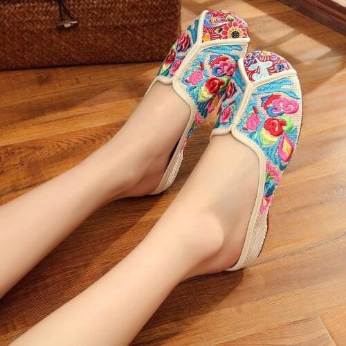 Patchwork Womens Canvas Embroidered Close Toe Slippers Summer Ladies Comfort Outside Home Old Beijing Flat Slide Shoes