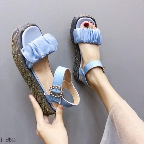 Women Sandals 2021 Summer New Square Head Silk Folds Thick Bottom Female Sandalias Gladiator Roman Shoes Platform Buckle Sandals