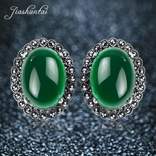 JIASHUNTAI Retro Silver Stud Earrings Oval Female Vintage 925 Sterling Silver Jewelry For Women Royal
