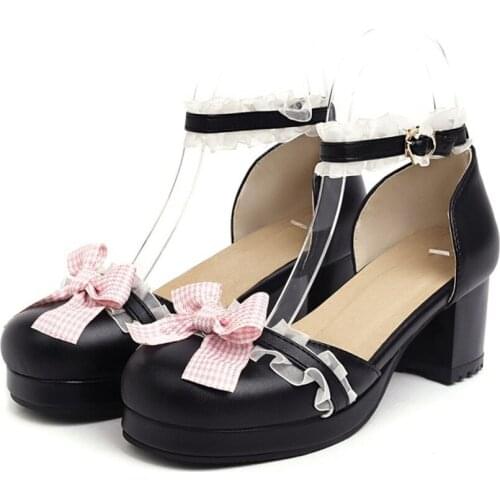 OLOMLB Womens Lolita Round Toe Bowknot Lace Kawaii Cosplay Shoes Sandals Mid Heel Plus Size 34-43 Mary Janes New 2021