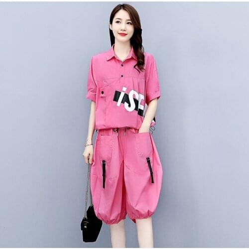 2021 Summer New Womens Outfits Casual T-shirt Loose Wide Leg Shorts 2 Two Piece Set For Women Plus Size Fashion Korean Crop Top