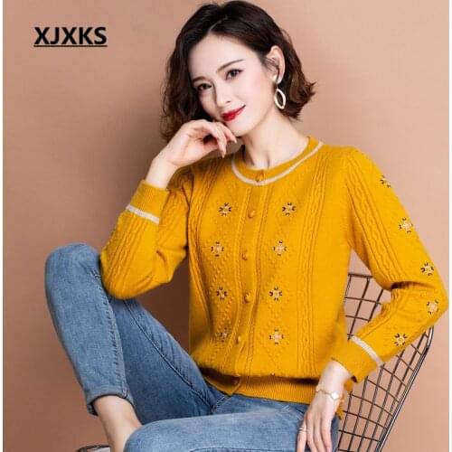 XJXKS High Quality Wool Knitted Cardigan Women Sweater 2020 Fall New Comfortable Single-breasted Women Jacket