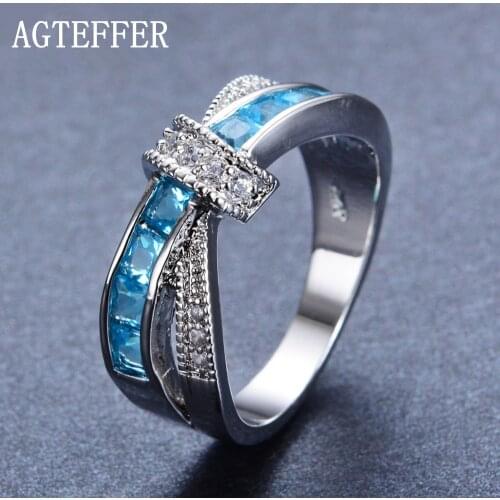 AGTEFFER 925 Sterling Silver AAA Zircon Sky Blue/Red/Pink Six Colors Crystal Ring For Women Fashion Wedding Party Charm Jewelry