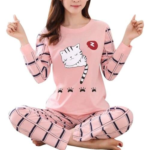 Winter Cute Cartoon Cat Print Pajama Set Women Two-pieces Long Sleeve Sleepwear Pajamas Suit Female Sleep Two Piece Set