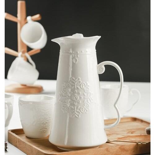 1.3L Teapot White Porcelain Embossed Tea Pot With Lid Cold Hot Water Bottle Coffee Kettle For Home Office Large Capacity Pitcher