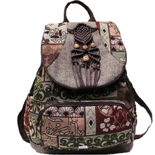 2021 Summer Women Backpack Female Vintage Handmade Backpacks for Girls Shoulder Bags National Geometrical Print Canvas Rucksack