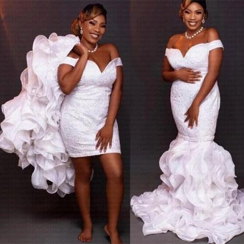 African Mermaid Lace Wedding Dresses 2021 With Detachable Train Luxury Off the Shoulder Arabic Bridal Gown 2 in 1 Robe De Mariee