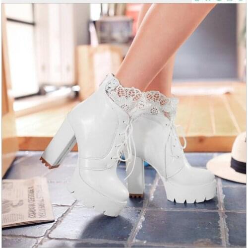 Autumn Women Lacing Platform Boots High Heels Female Black Platform Heels Spring Short Boots Ladies Shoes for Party Large size