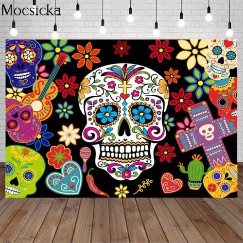 Day Of The Dead Backdrop Mexican Fiesta Sugar Skull Flowers Photography Background Dia De Los Muertos Dress-Up Photo Studio