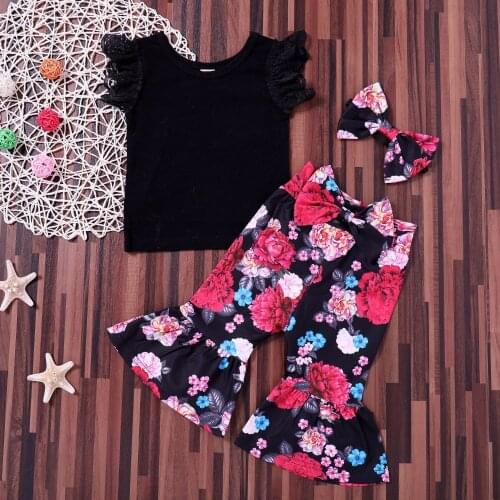 Childrens clothing 3pcs summer outfit baby lace tank top+floral bell-bottoms pant+headband set Girls fashion Ins outfit ST19030