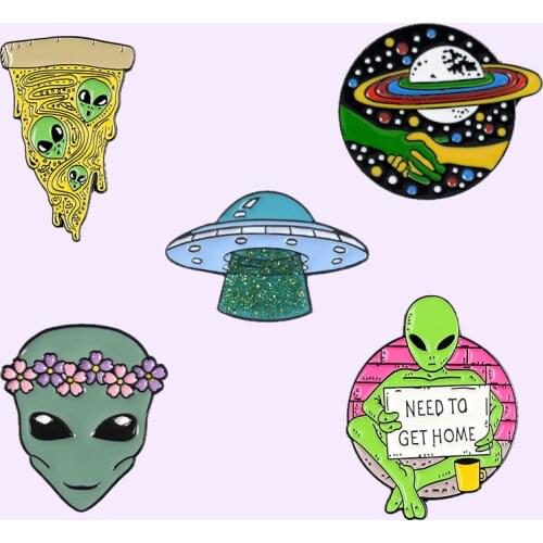 Alien Collection Enamel Pin UFO Planet Flower Pizza Alien Brooches Outer Space Universe Cosmic Life Badges Jewelry Pin Wholesale