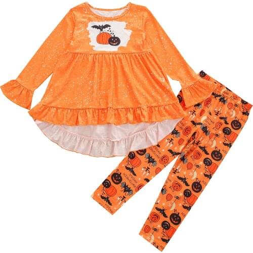 Infant Kids Baby Girls Halloween Two-piece Clothes Set, Orange Long Flared Sleeves Tops and Elastic Waist Trousers 1-6T
