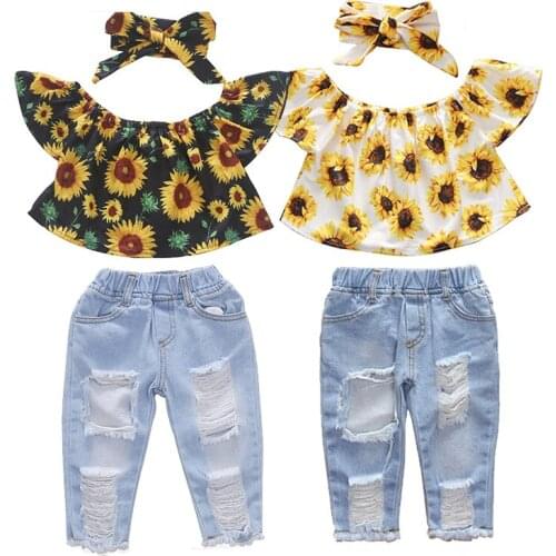 1-6Y Summer Kids Baby Girl Clothes Sets Suits Girls Flying Sleeves Sun Flower Short Sleeves+Denim Pants+Headband 3pcs Suits Sets