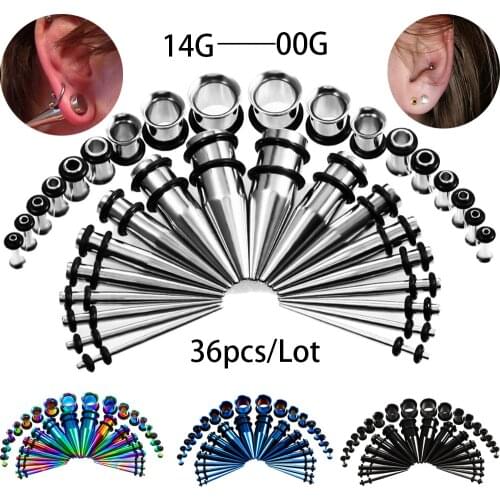 36Pcs/Lot 14G-00G Ear Gauges Stretching Kit Tapers Plugs Eyelets Stainless Steel Tapers and Plugs Expander Set Body Piercings