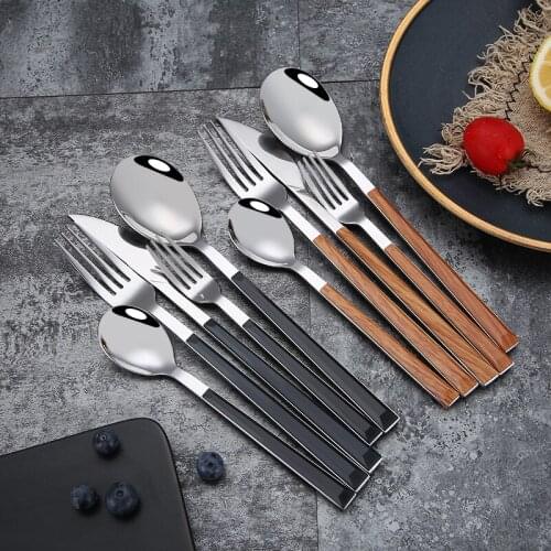 Stainless Steel Tableware Set Imitation Wooden Handle Dinnerware Sets Knife Fork Spoon Teaspoon Hotel Western Food Flatware 5pcs