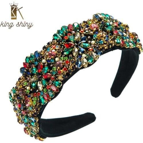 King Shiny Luxury Baroque Full Multi Color Crystal Headband Gorgeous Sparkly Rhinestone Beaded Hairband Girls Party Tiara Bezel