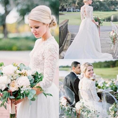 3/4 Sleeve Tulle beach Wedding Dresses Open Back Vintage Lace sweep Train V-Neck 2021 Country Garden Bobo Bridal Wedding Gowns