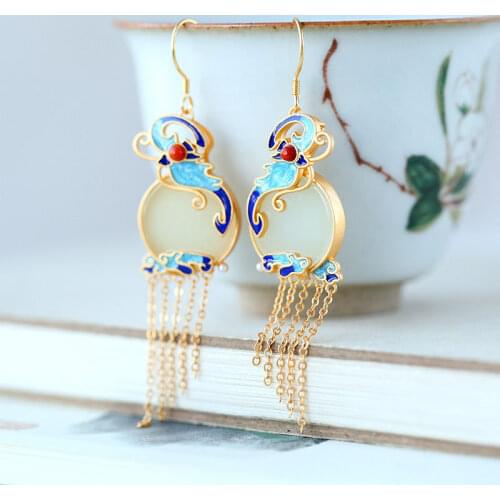 S925 Sterling Silver Auspicious Cloud Earrings Inlaid Natural Hetian Jade South Red Embellished Cloisonne Craft Tassel Earrings