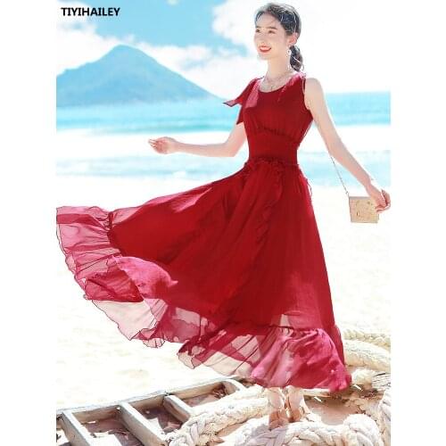 TIYIHAILEY Free Shipping 2021 New Boshow Summer High Waist Long Maxi Red S-L Chiffon Ruffles O-Neck Dress Bandage Sleeveless