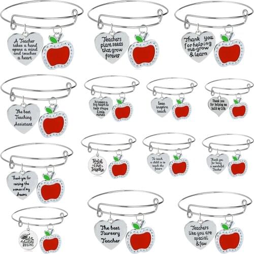 Appreciation Teachers Gifts Jewelry Apple Love Heart Pendant Bangle Thank You Teacher Bracelet Charms Teachers Day Presents Hot
