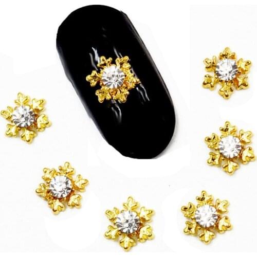 10 Pcs Gold Snowflake Nail Art Decorations 3d Charms Metal Jewelry Blingbling Manicure Ab Crystals Winter Christmas Rhinestones