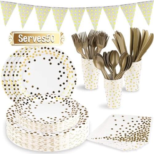 White Gold Party Supplies Tableware Set Disposable Dot Paper Plates Dinnerware for Baby Shower Wedding Birthday Graduation