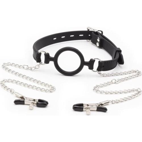 Adult Unisex Sex Bondage Fetish Rubber O-Ring Mouth Gag Attached Nipple Clamps Open Mouth Restraint Game Sex Toys
