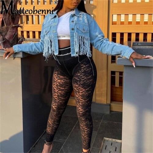 2021 Autumn Fashion Casual Streetwear Fringe Denim Coat Sexy Backless Ripped Holes Short Denim Jacket Women Tassel Jean Jacket