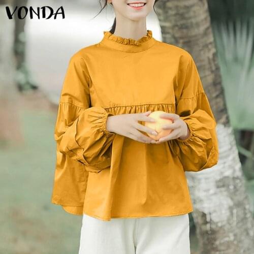Women Tunic Casual Long Sleeve Solid Color Tops 2021 VONDA Summer Bohemian Tops Sexy Pleated Puff Sleeve Blouse S
