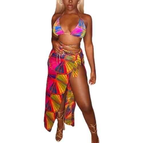 2021 New Women Three-piece Bikini Sets with Halter Neck Design Personality Colorful Print Summer Simwsuits Beachwear