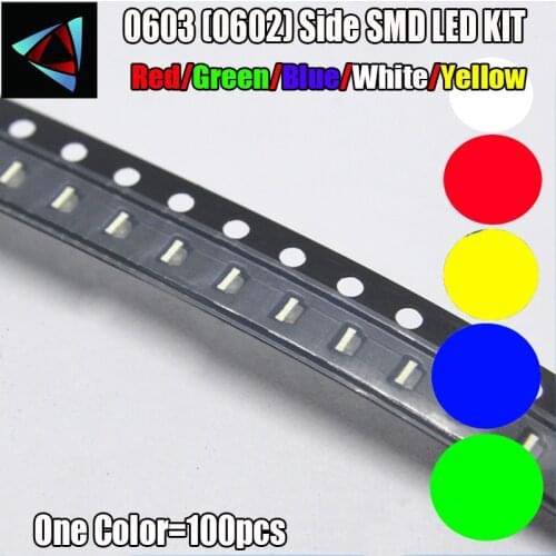 100pcs 0603 (0602) Side SMD LED Red/Green/Blue/White/Yellow