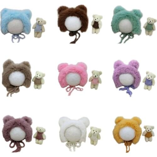 2 Pcs Newborn Photography Props Cute Rabbit Fur Knit Hat Costume Bear Toy Set