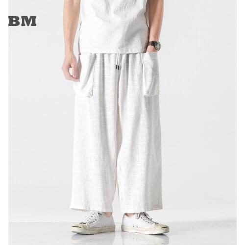 2021 Chinese Style Linen Plus Size Casual Wide Pants Male Harajuku Hakama Tai Chi Kung Fu Trousers Men Clothing Oversized Hanfu
