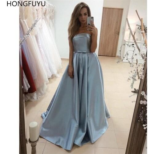HONGFUYU A Line Strapless Prom Dresses with Bowknot Satin Foor Length Evening Formal Dress vestidos de graduación Zipper-Up