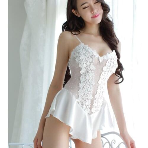 BKCJQA Water Soluble Wave Point Split Sling Bud Silk Gauze Nightdress Home Service Lingerie Hot Sexy Lace Dress Babydoll Erotic