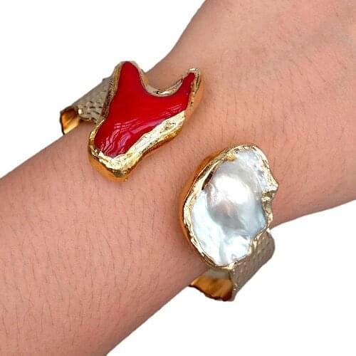 YYGEM Gold plated Cultured White Keshi Pearl Red Coral Bangle Adjustable Bohemian Vintage Style Jewelry bracelet