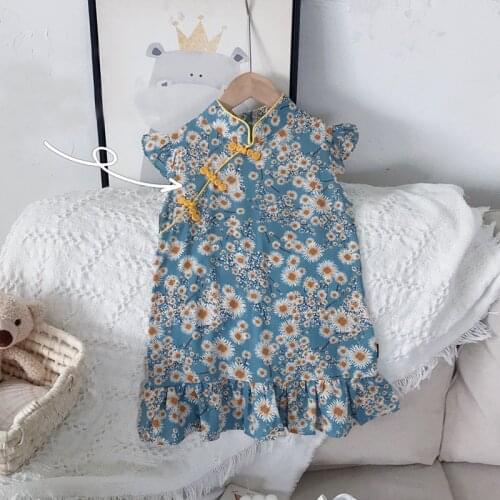 Girls Cheongsam Dress Chinese Style Floral Print Sleeveless Dress Fashion New Summer Childrens Dress 2-6Y