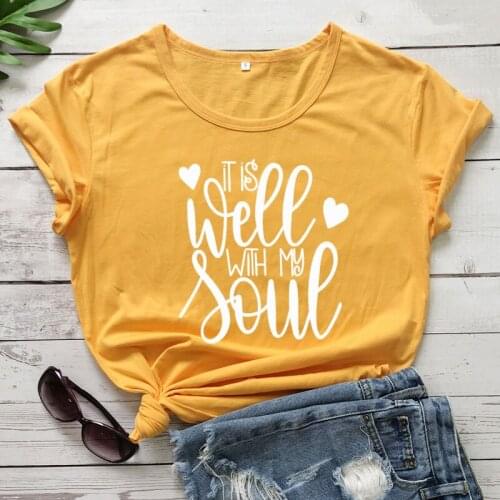 It Is Well With My Soul Heart Print T-shirt Casual Summer Graphic Jesus Yellow Tops Tees Religious Women Christian Church Tshirt