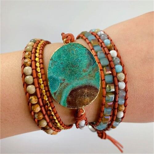 Hot Sale 1Pcs Fashion Retro Trade Ocean Mixed Stone Bracelet Beaded Oval Shape Pendant Woven Bohemian Bracelet Drop Shipping