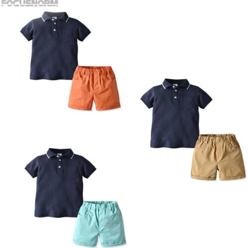 FOCUSNORM 1-6Y Boys Gentleman Clothes Sets Solid Short Sleeve T Shirts Tops Causal Shorts 3 Colors